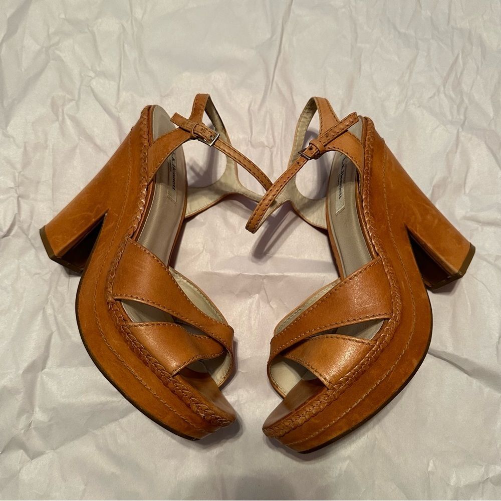 LL Bean Cognac Leather Platform Jute Sandals Sz 41 70s Boho Festival Retro